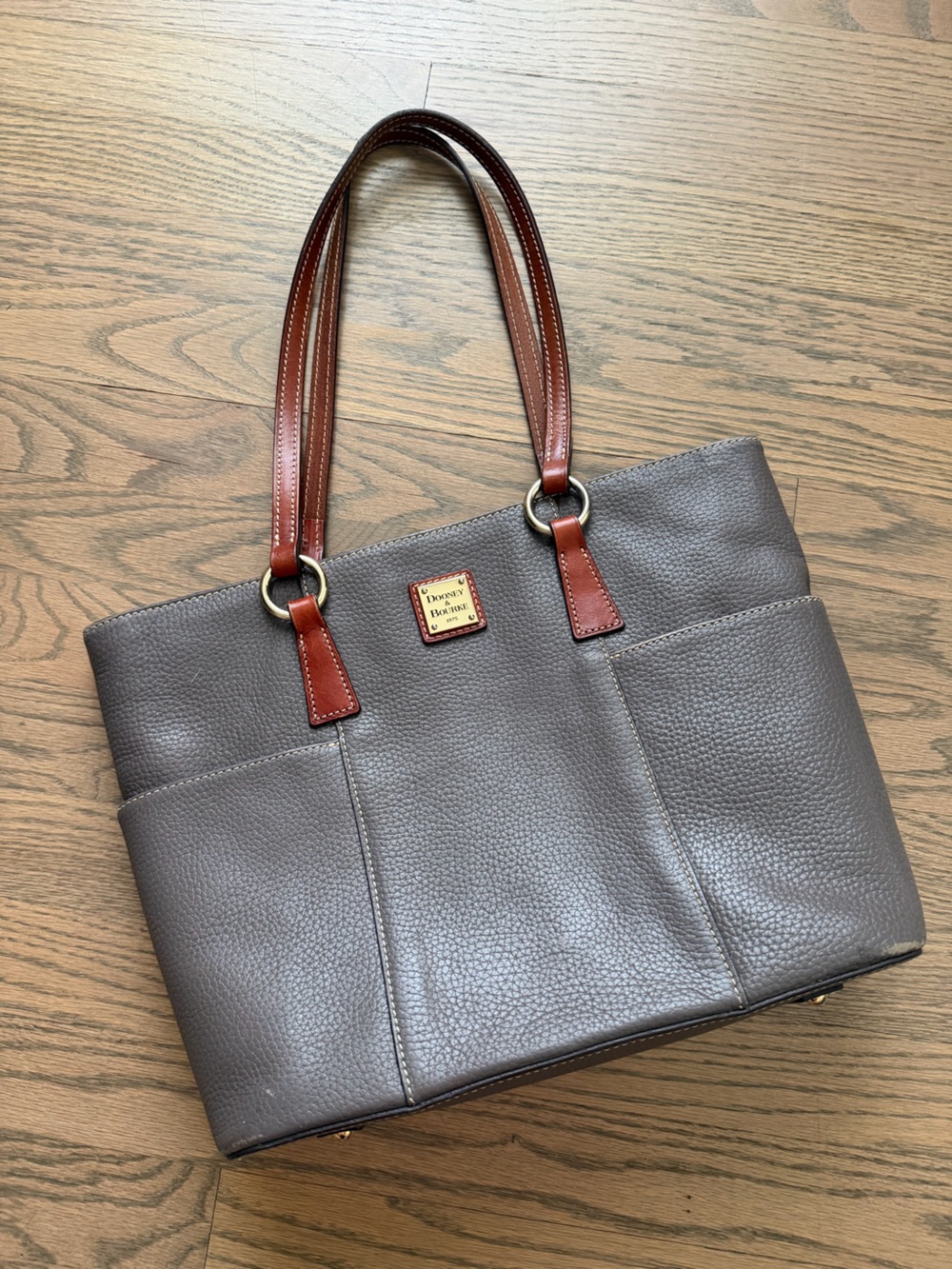 Dooney & Bourke Pebble Leather Tote in Taupe with Brown Handles